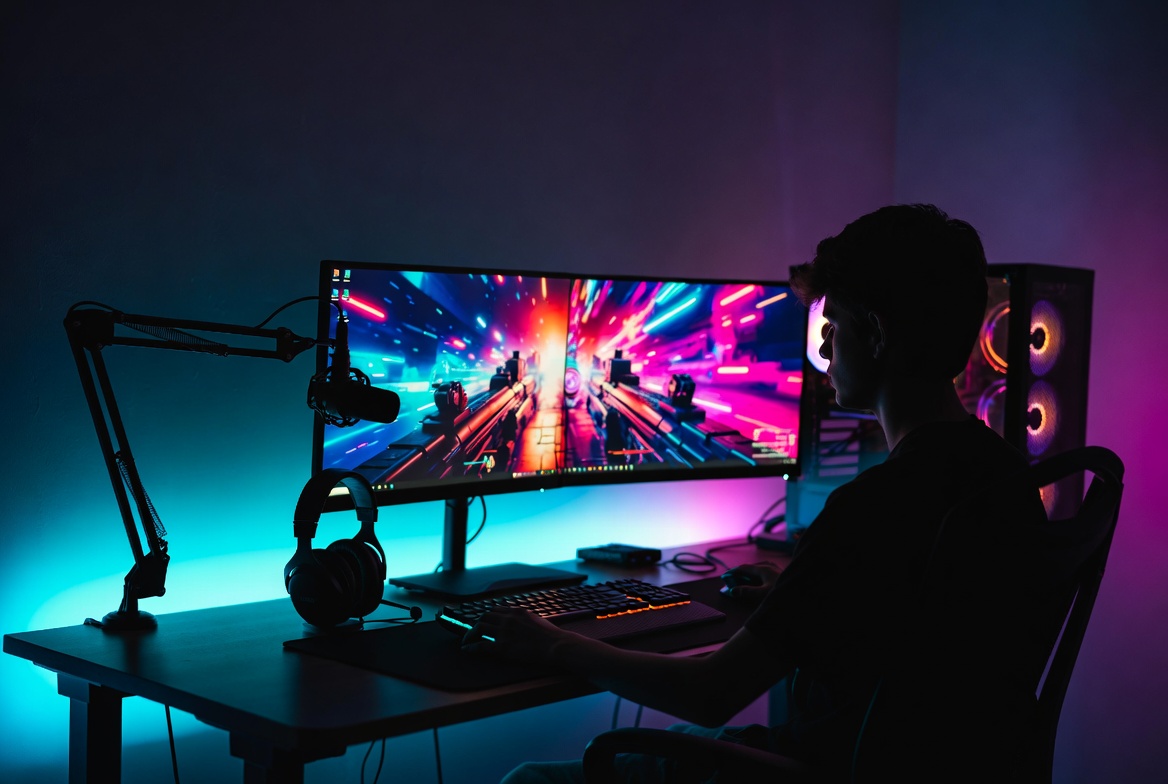 Young gamer at dual monitor RGB gaming PC setup